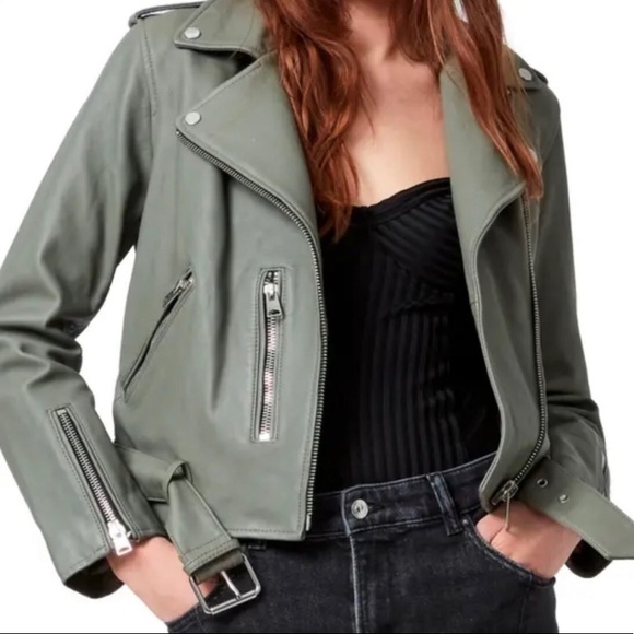 AllSaints Belted Crop Leather Moto Jacket - Picture 1 of 14